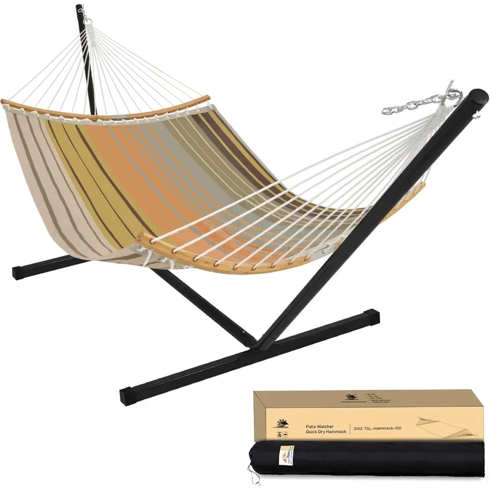 

12 FT Double Quick Dry Hammock with Curved Bamboo Spreader Bar, Outdoor Patio Two Person Hammock with Portable Steel Stand