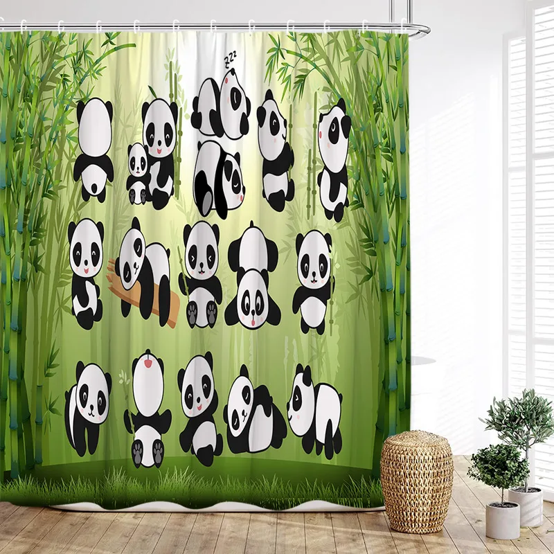 CWHCWA Shower Curtain Green Bamboo Panda Modern Polyester Fabric Bath Curtains Home Bathroom Decor with Hooks