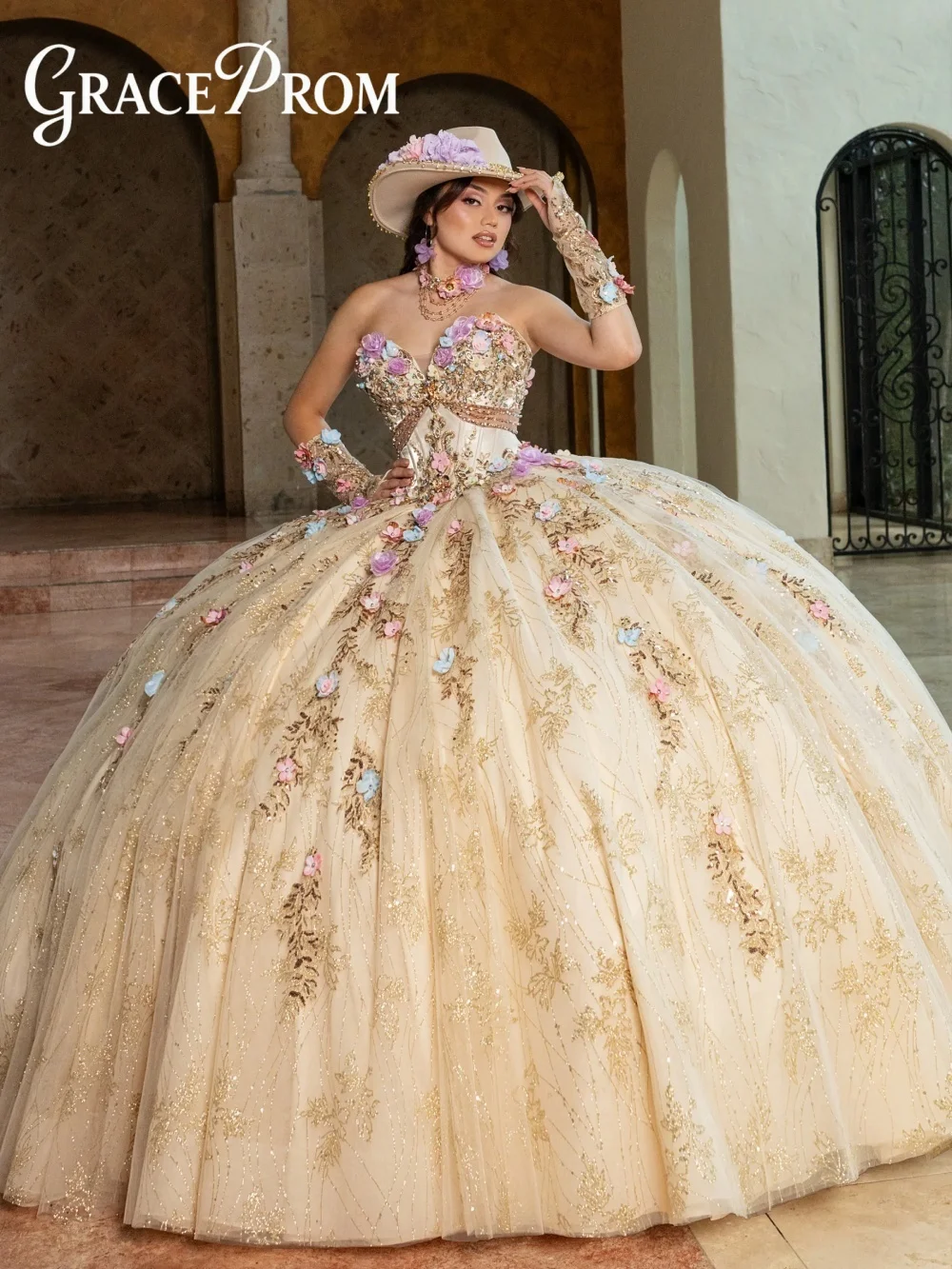 

Sparkling Champagne Gown With Sweetheart Neckline Cutout Detailing 3D Floral Appliques For Quinceanera For Sweet 16 Celebration