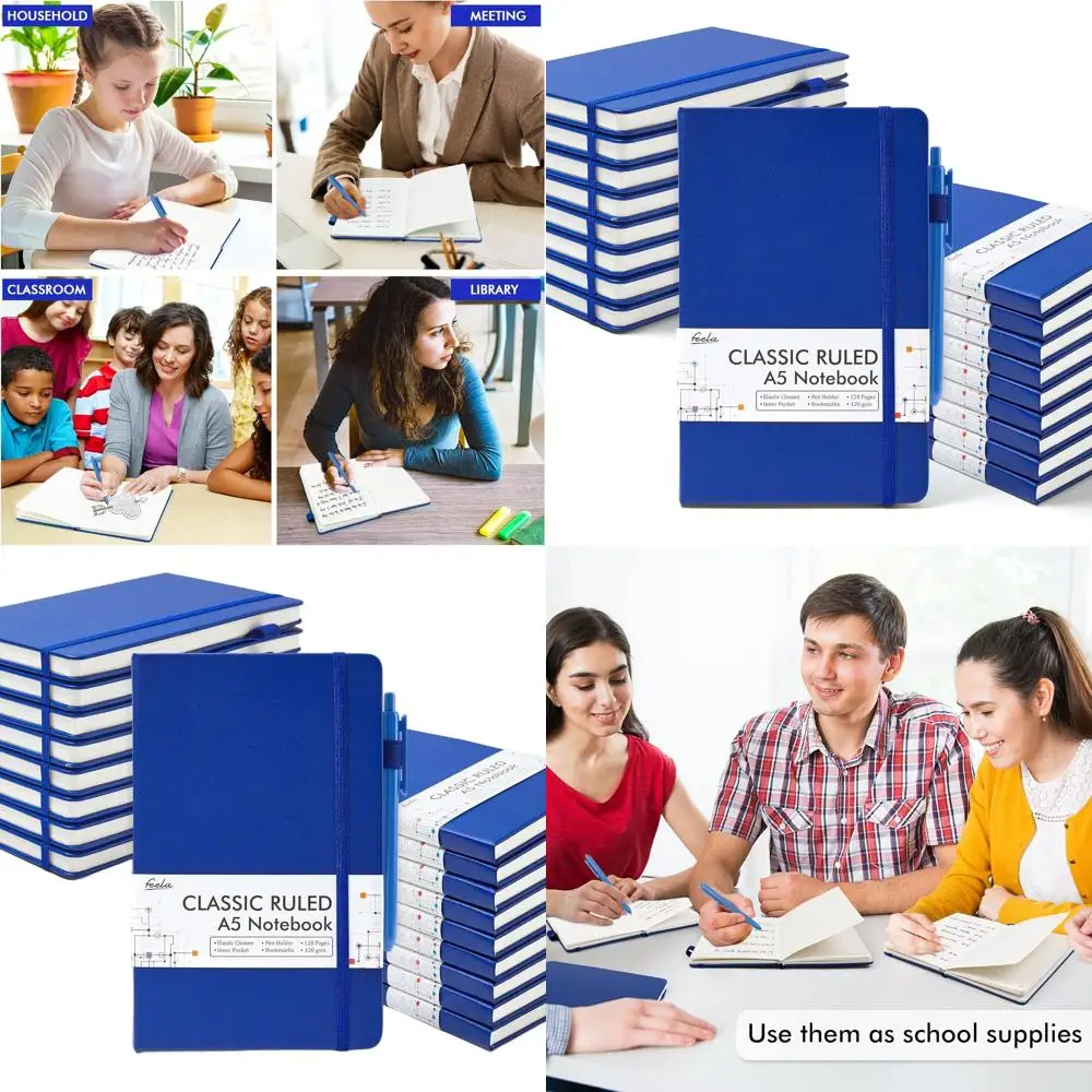 A5 Navy Hardcover Business Journals Set of 18 with Lined Paper and Pen Holder, 120 GSM, 5.1x8.3 inches, Includes 18 Black Pens