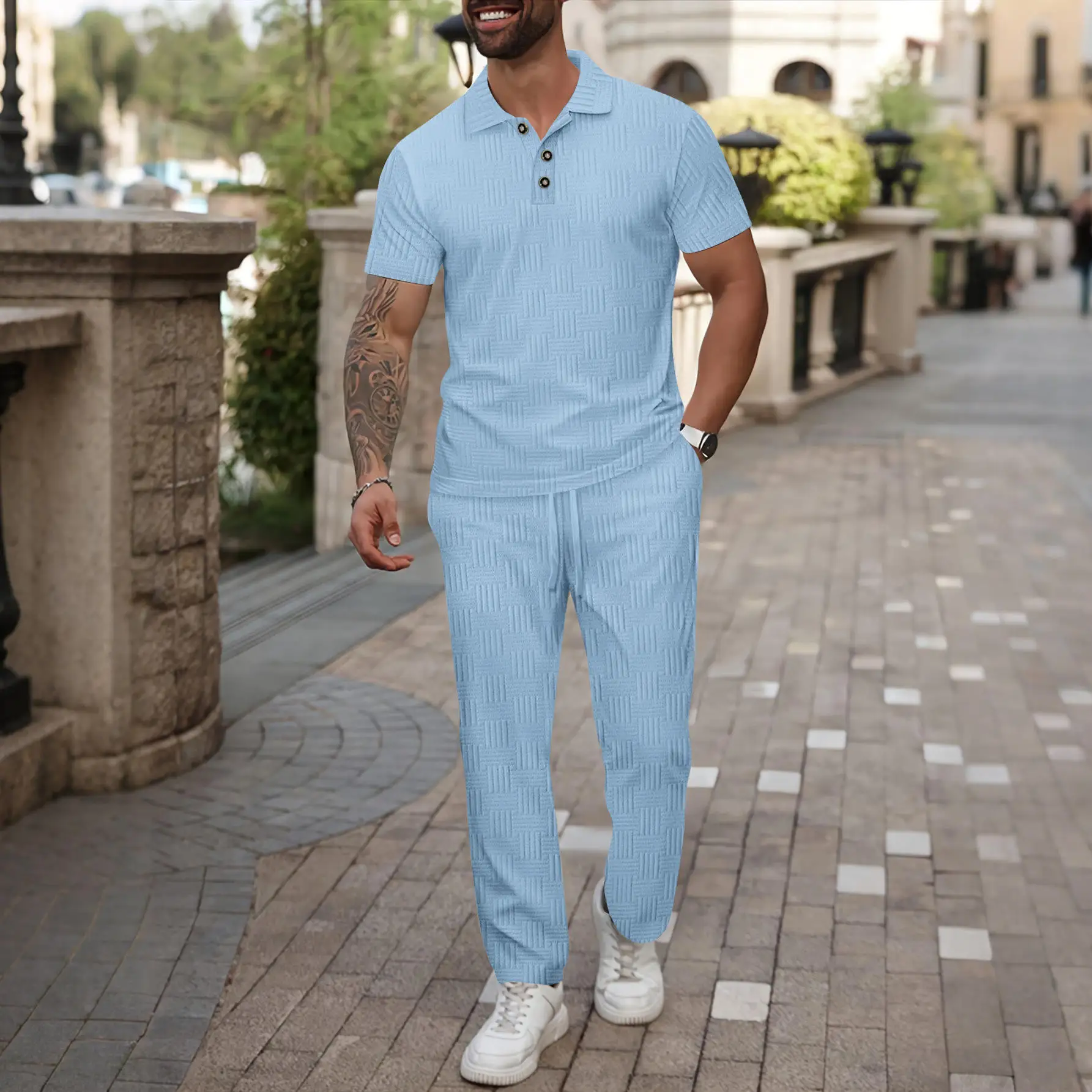 Summer Men's  Color Floral Embroidery  Shirt Short Sleeve Casual Set T-Shirt with Long Pants Flip Collar Button Design