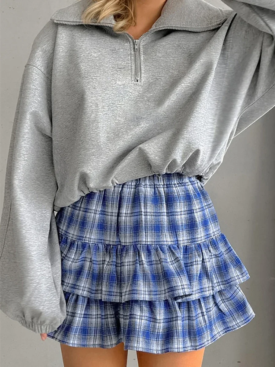 New Fashion Women Mini A-Line Skirt Casual Summer Plaid Print Ruffled Layered Skirt For Beach Vacation Club Streetwear S M L