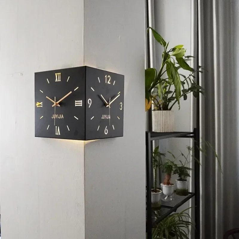 Nordic Wall Clock Lights Corner Double Sided Wall Clocks Square Living Room Clock Roman Minimalist Design Clocks Modern Stylish