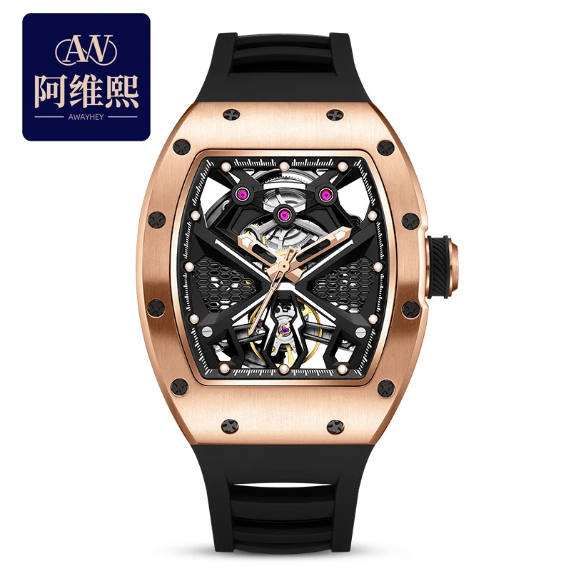 

AWAYHEY Mens Watch With Hollow Wine Barrel Design Waterproof Automatic Mechanical Watch Stainless Steel Case Silicone Strap