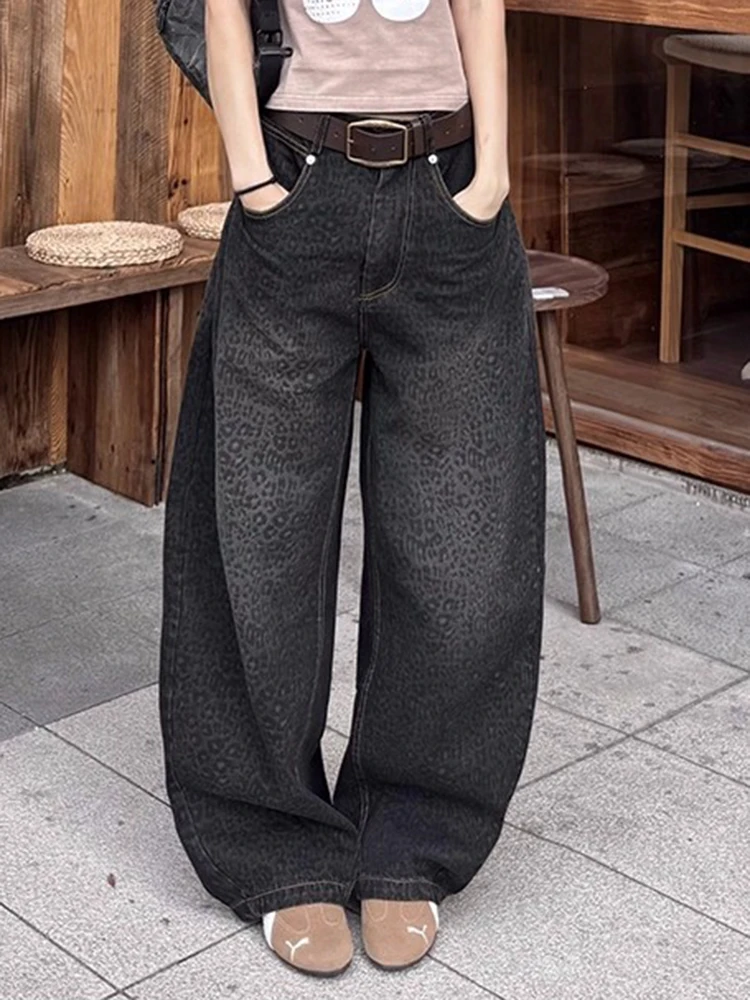 

Y2K американские ретро женские джинсы с леопардовым принтом, свободные изогнутые ножи, широкие брюки длиной до пола, уличные брюки