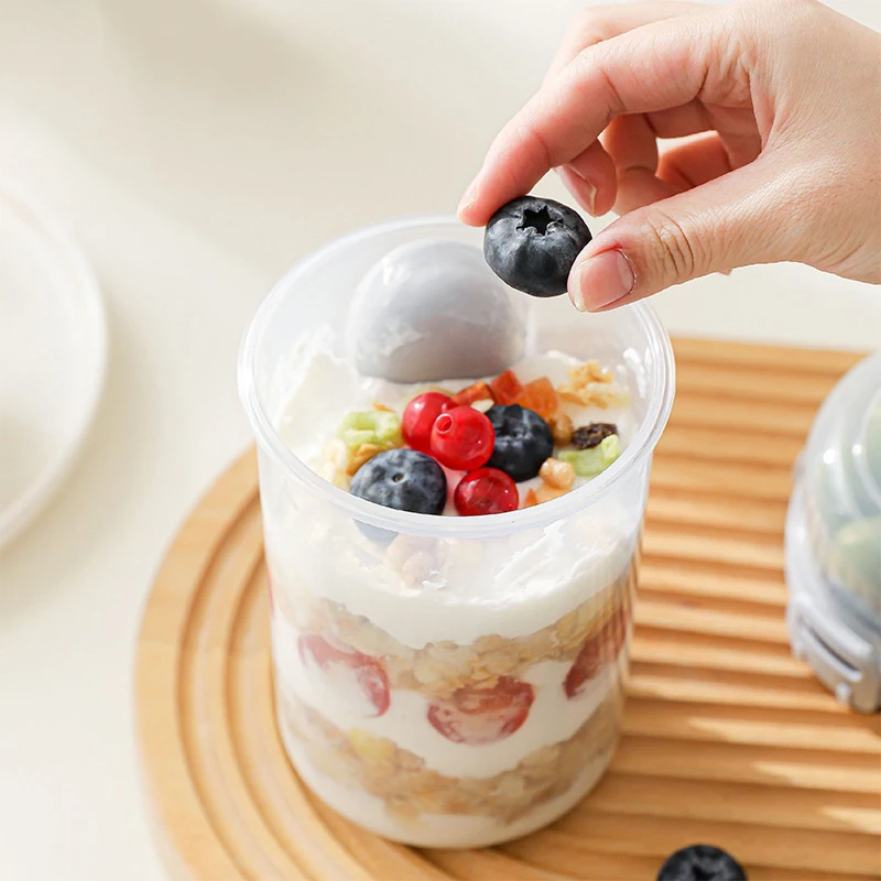

Breakfast Double Cup Cereal Nut Yogurt Container Set With Dressing Holder Fork Meal Preparation 600ML Salad Oatmeal Cup