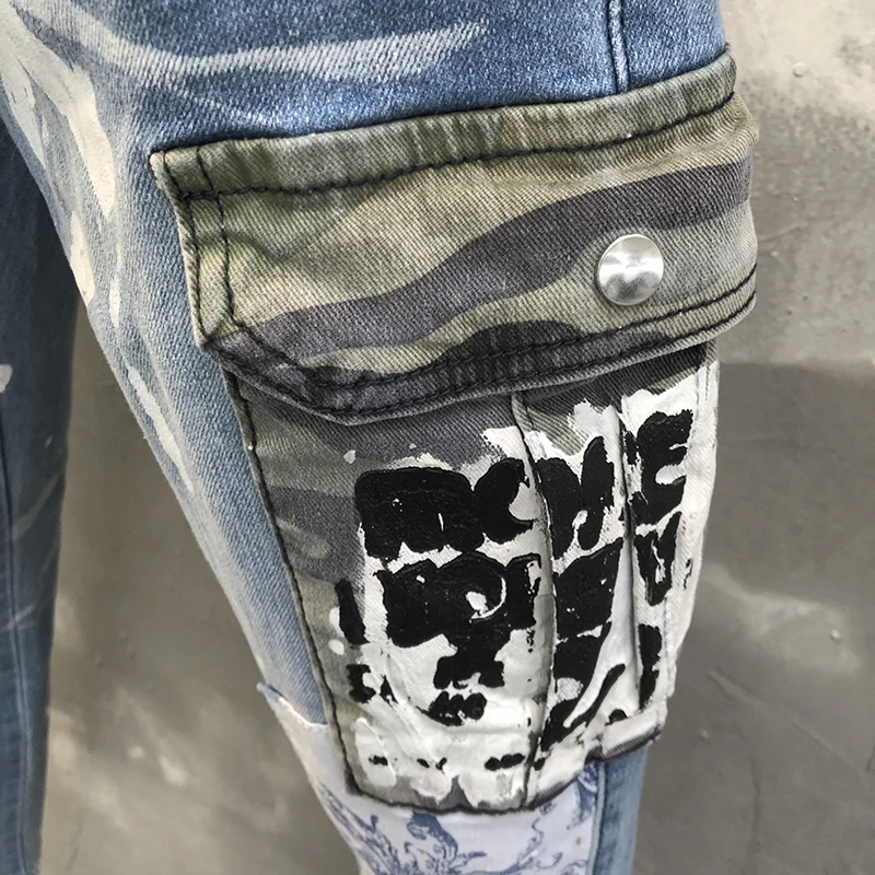 Men\'s European Style Hole Patch Multiple Pockets Jeans Men Slim Color Patchwork Hole Punk Pant Motorcycle Pants Hip Hop Jeans