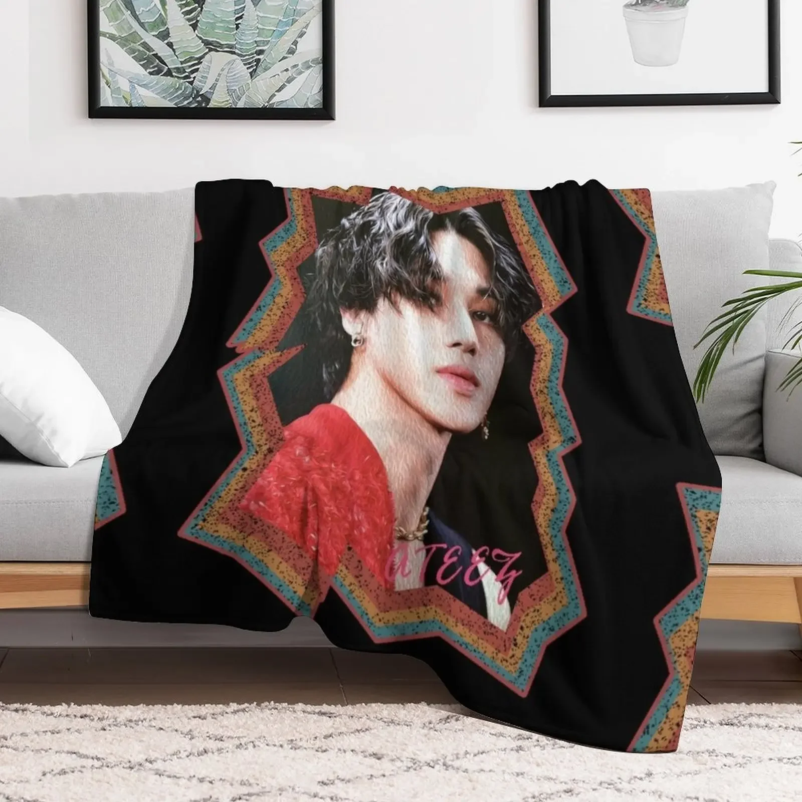 Jung Wooyoung ATEEZ Wooyoung Korean Kpop Retro Color Oil Paint Design Throw Blanket Luxury Brand warm winter Nap Shaggy Blankets