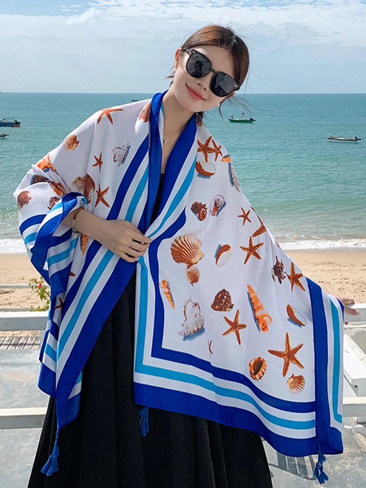 New Summer Travel Vacation Casual Women Silk Scarf Print Sarong Beach Wrap Shawl Lady Sweet Sunscreen Bandana Hijab Scarve Pareo