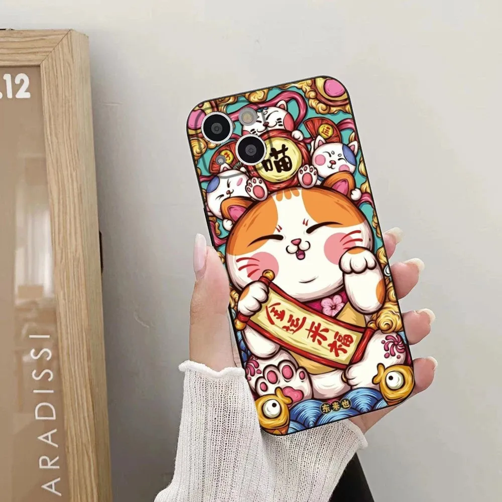 Maneki Neko Lucky Money Cat Phone Case For iPhone 15,14,13,12,11 Plus,Pro,Max,XR,XS,X,7,8 Plus,SE,Mini Silicone Soft