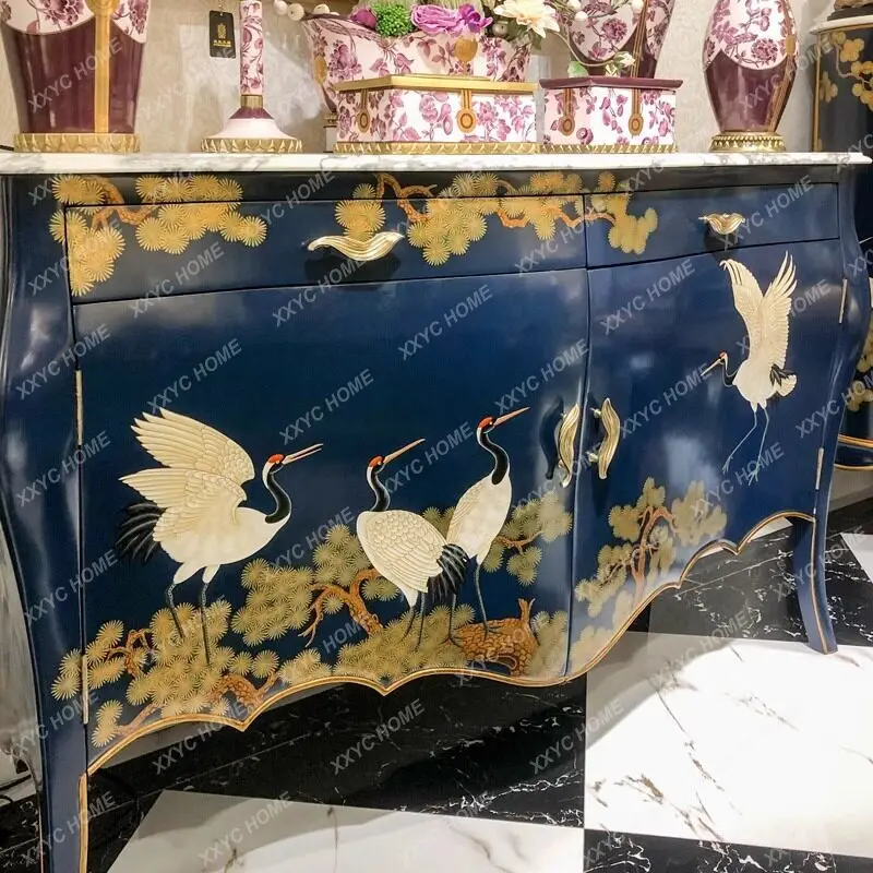 Chinese style porch cabinet, living room household cabinet, retro solid wood hand-painted pine crane marble locker