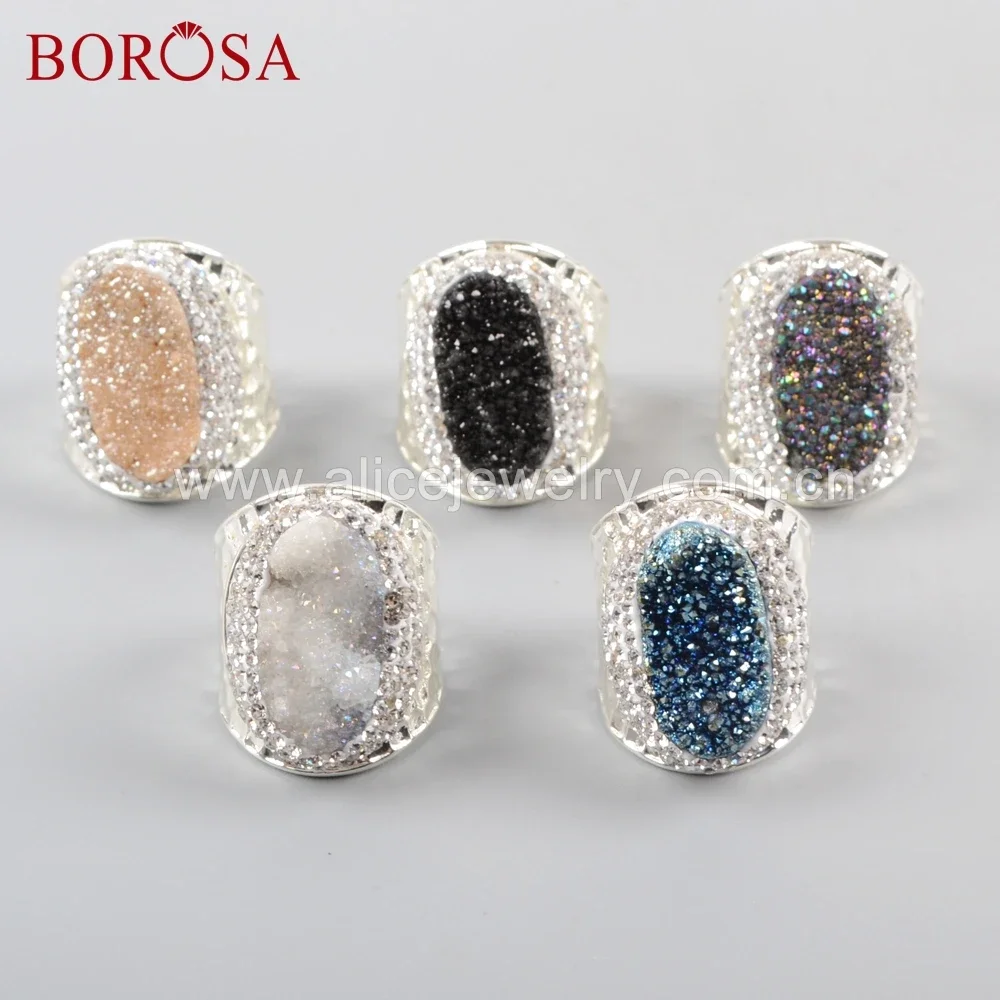 

BOROSA 3/6PCS Rainbow Titanium Druzy Agates Silver Color Band Rings Crystal Paved White Zircons Ring Gems for Women Jewelry