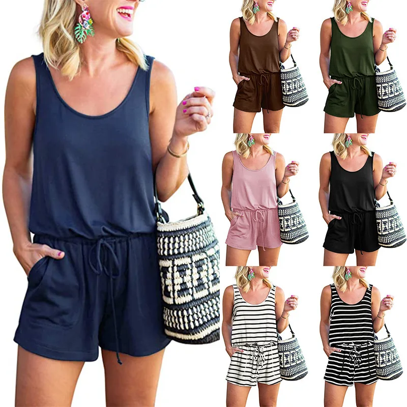 2021 Summer Fashion Women's Striped Round Neck Tank Top Strap Casual Jumpsuit Shorts