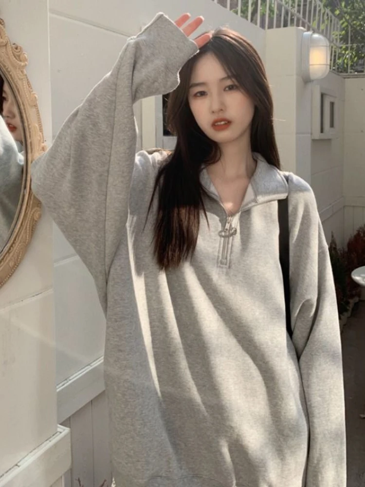 Deeptown Korean Fashion Gray Oversized Sweatshirts Women Harajuku Zip Up Hoodie Vintage Loose Casual Polo Collar Pullover Tops