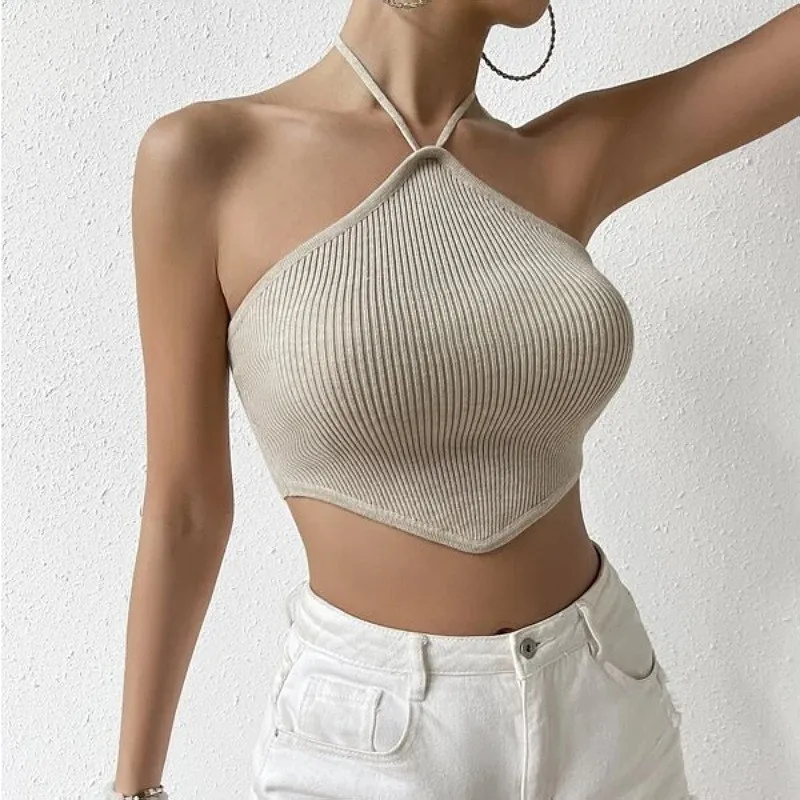 Tie Halter Neck Top Irregular Silhouette Streetwear with Sexy Micro Stretch Short Length Urban Cropped Women Halter Tank Top