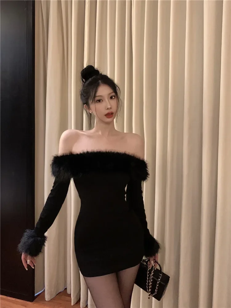Fashion Off Shoulder Black Pencil Dress Feather Fur Slash Neck Mini Evening Party Dress Strapless Long Sleeve Slim Short Dress