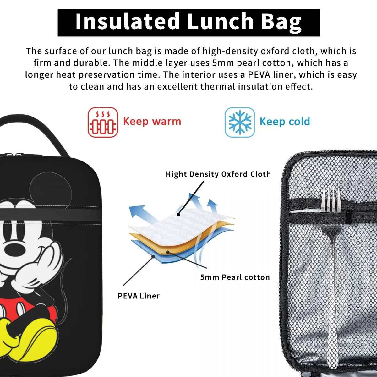 Mickey Mouse Kawaii Cartoon Insulated Lunch Bag Portable Reusable Cooler Bag Lunch Box Tote Work Picnic Men Women