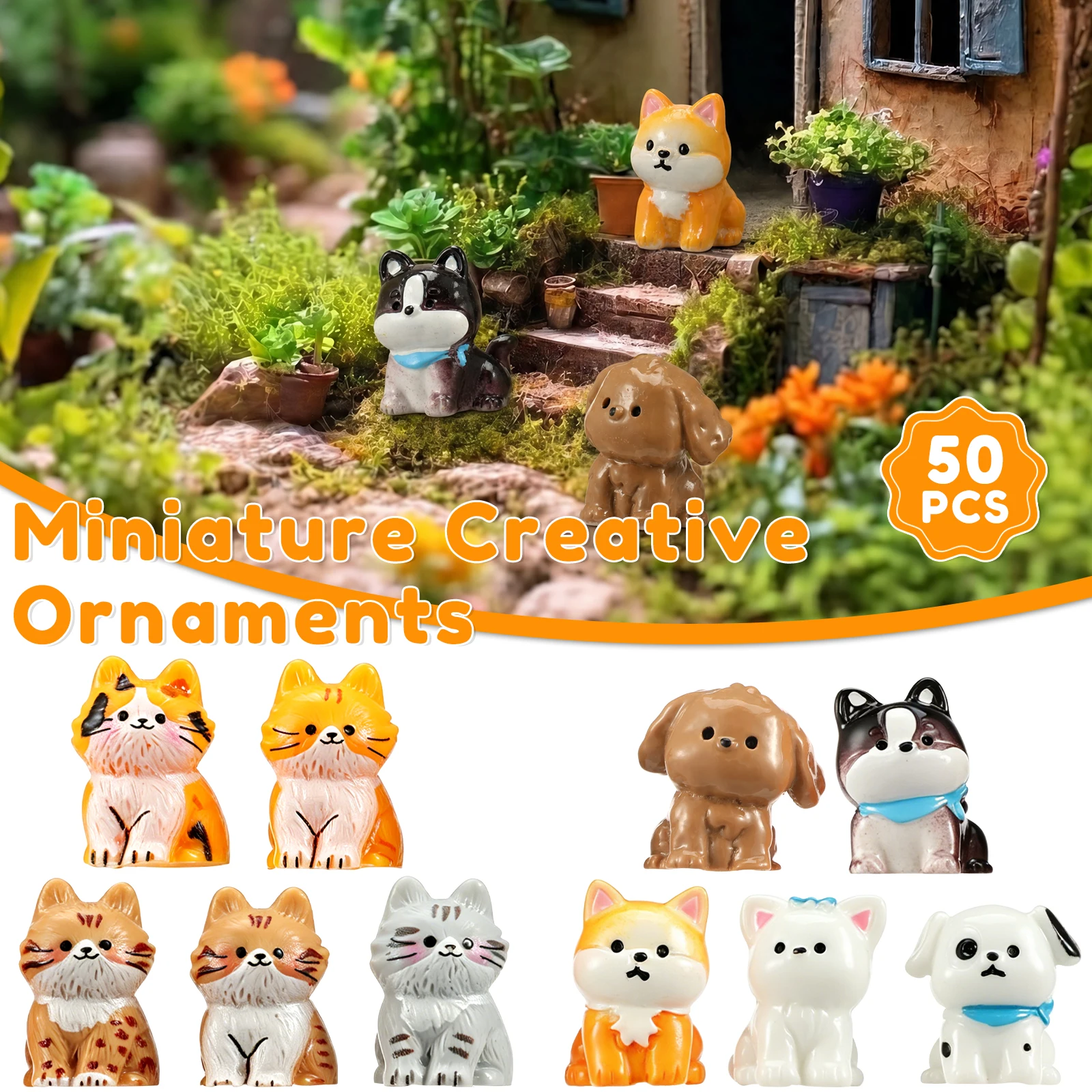 50 Pcs Mini Resin Cat/Dog Figurines Bulk Cartoon Tiny Cat/Dog Statue Desktop Ornaments for Fairy Garden Dollhouse Gift Filler