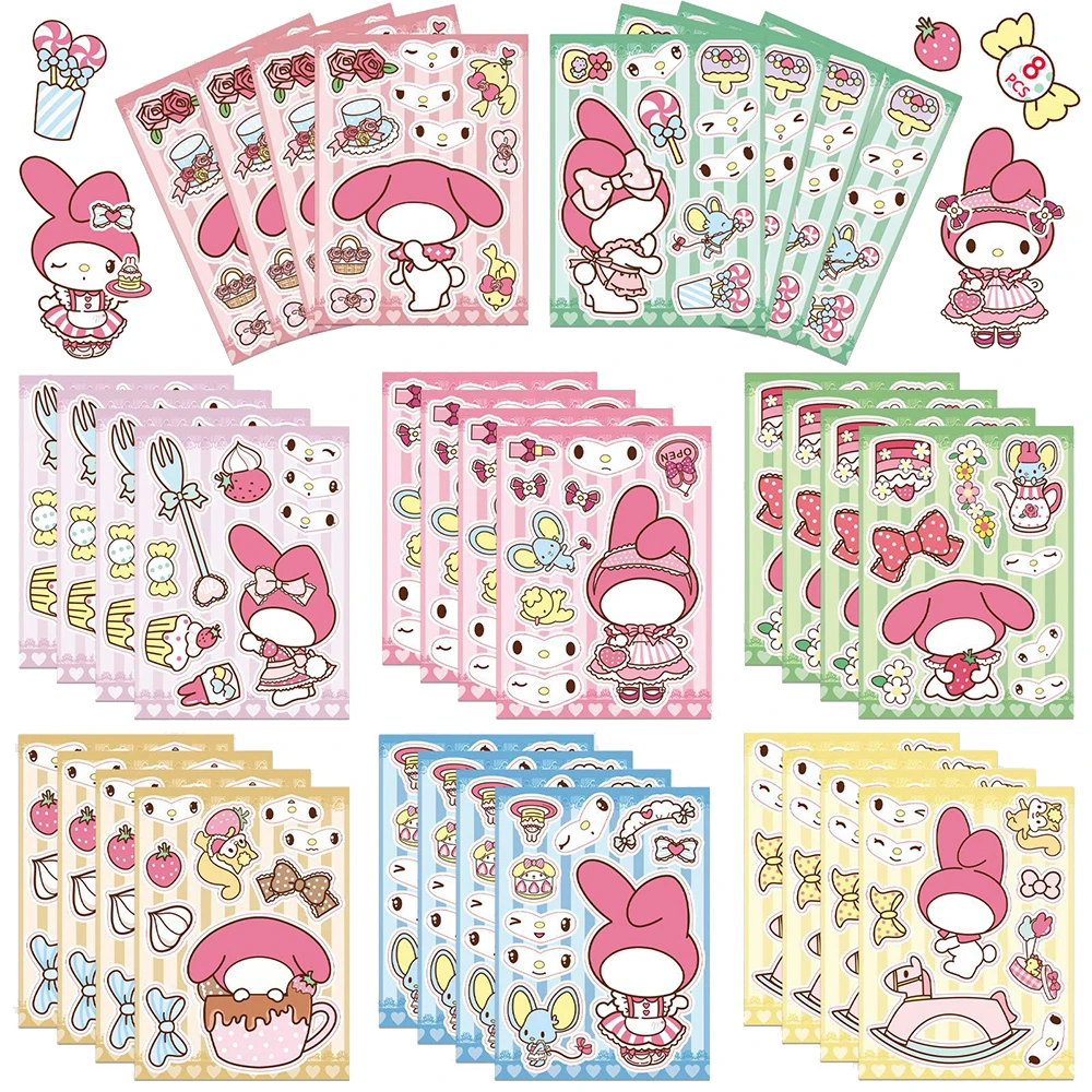 

8/16sheets Sanrio Anime Puzzle Stickers Cute Cartoon My Melody Make a Face Assemble Jigsaw Decals Fun Kid Party Decoration Toys