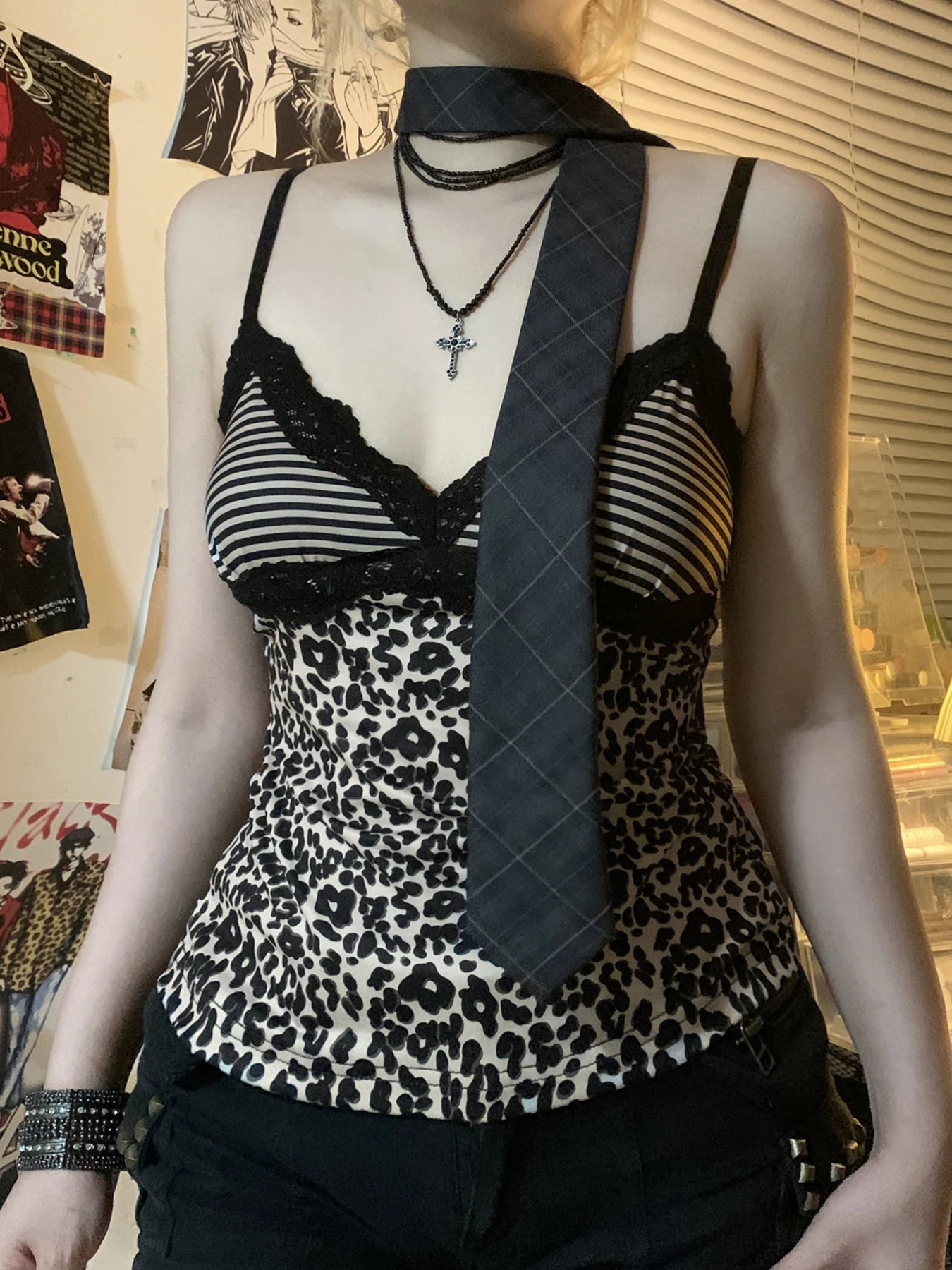 Rockmore Leopard Print Camisole Coquette Lace Frill V-neck Crop Top for Women Sexy Backless Y2K Vintage Stripe Patchwork Vest image 3
