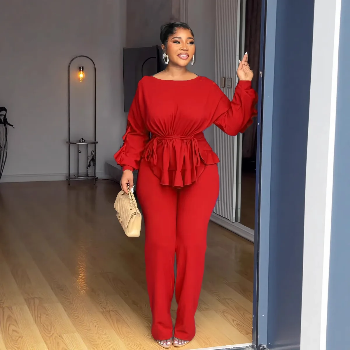 

Autumn Fashion Solid Color Two Piece Set Women Round Neck Long Sleeved Top Long Pants Elegant Two Piece Set