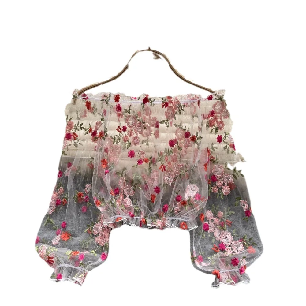 Um ombro tule bordado sheer topos verão nova moda feminina na moda flor solta manga longa puff curto renda topo feminino