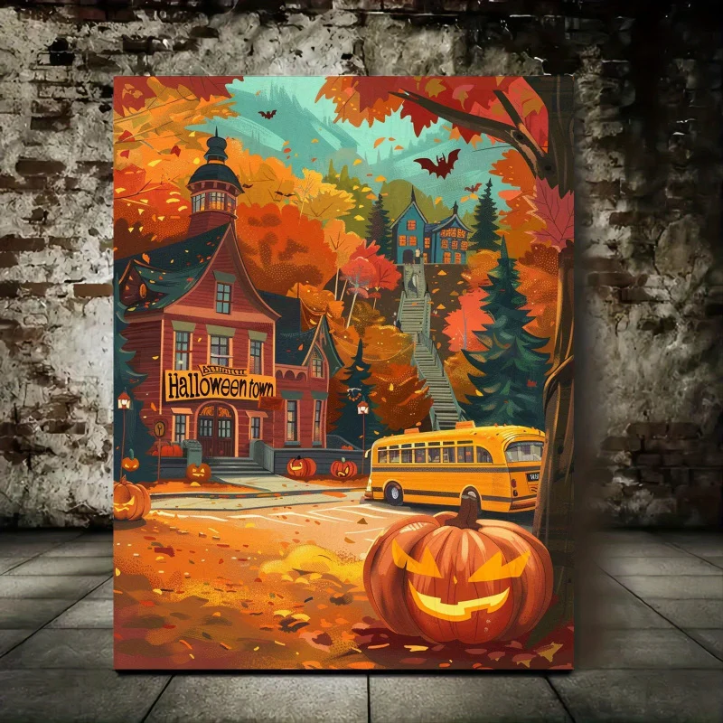 Halloween Town Canvas Wall Art | 1pc Wooden Framed | Autumn Pumpkin Theme Print | Cartoon Style Decoration | Waterproof