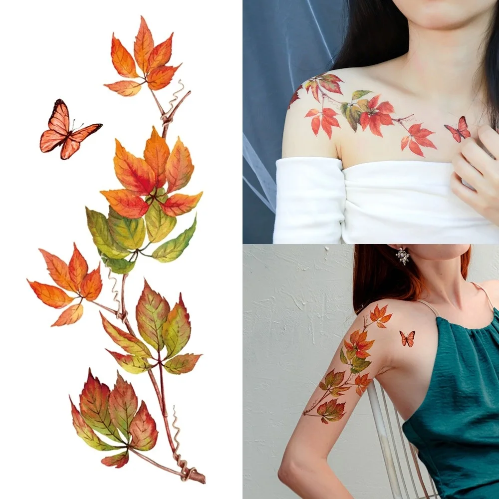 4 Sheets Color Flower Temporary Tattoos for Women Leaf Tattoo Stickers For Hand Arm Chest Body Decor Waterproof Fake Tattoo