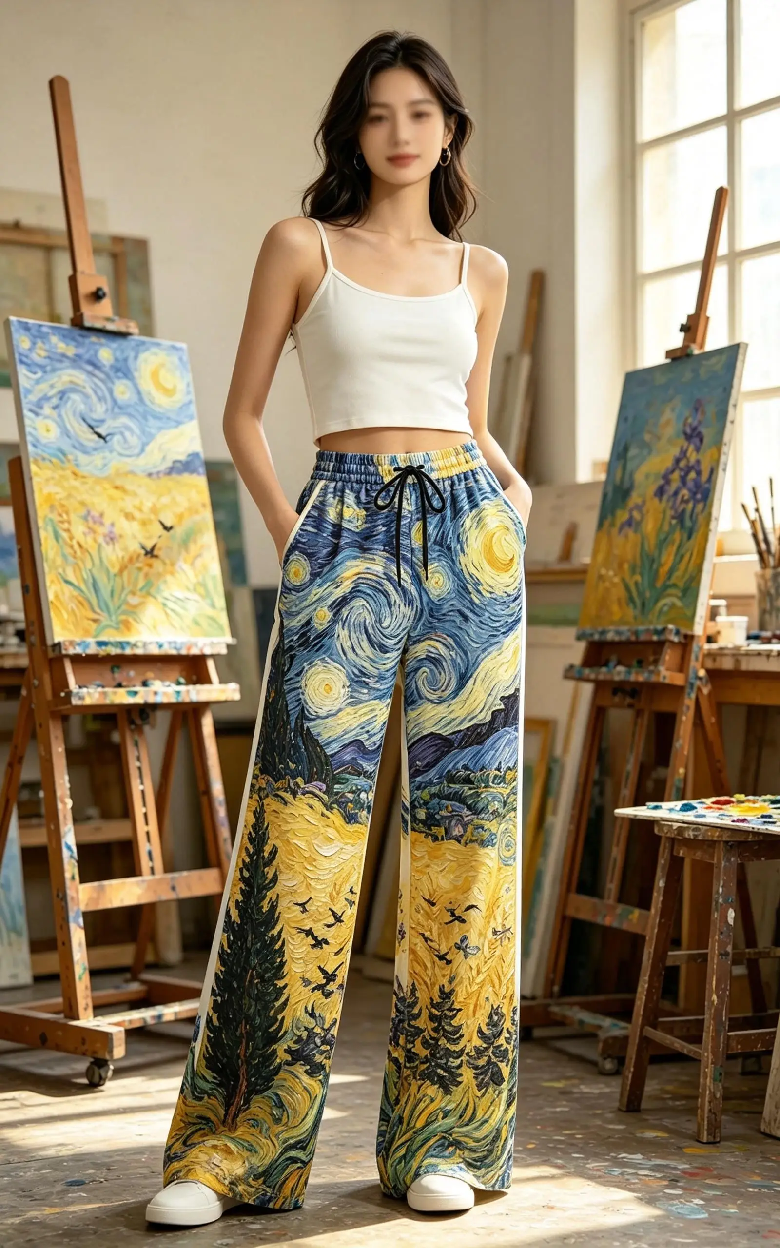 Summer Women Classic Art Starry Night Painting Wide Leg Trousers Drawstring High Waist Loose Vacation Palazzo Pants