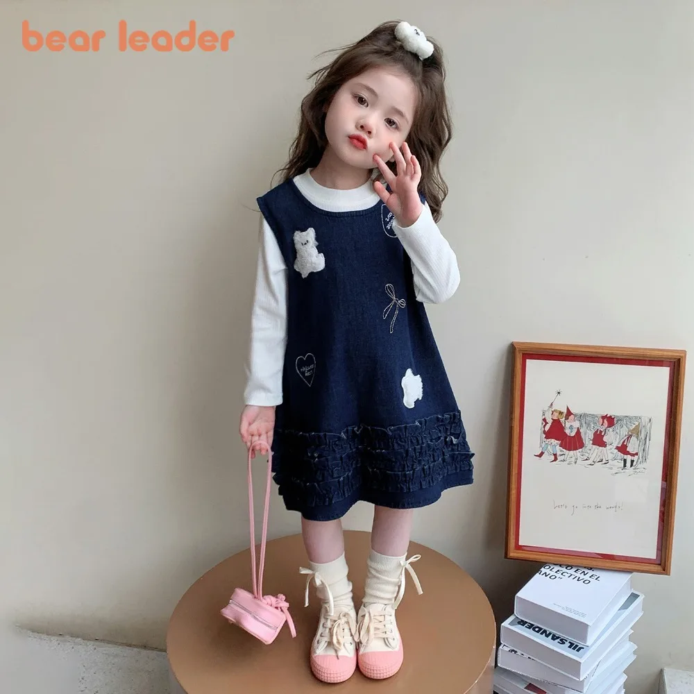 

Bear Leader Autumn Fashion New Children's Set Cartoon Printed Sleeveless Dress + White Long Sleeved Base Shirt Top Two-piece Set