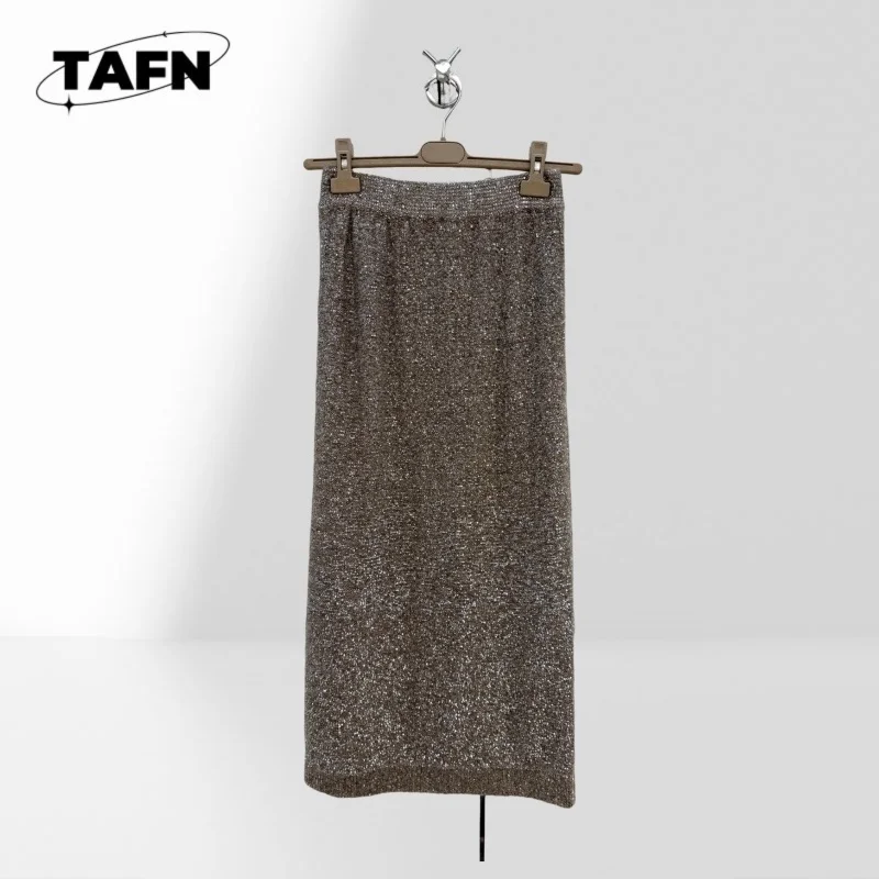 100% Polyester Glitter Knit Maxi Skirt High Waist Elastic Waist Straight Long Skirt Sparkly Elegant Party Evening Fashion BE0623