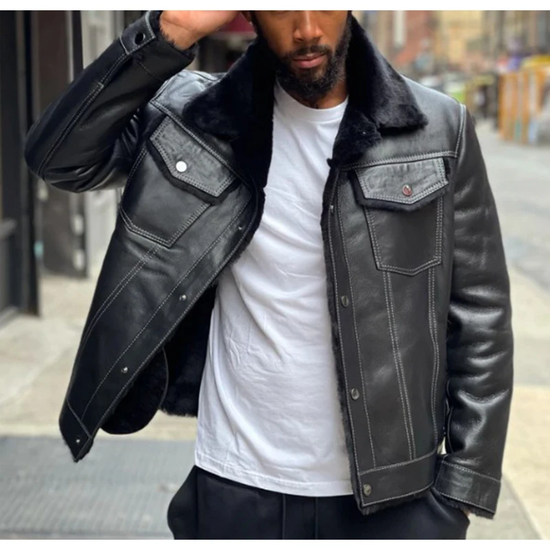 

Черный меховой воротник плюс бархатная утолщенная мужская кожаная куртка из искусственной кожи, мотоциклетные карманы, короткая верхняя одежда