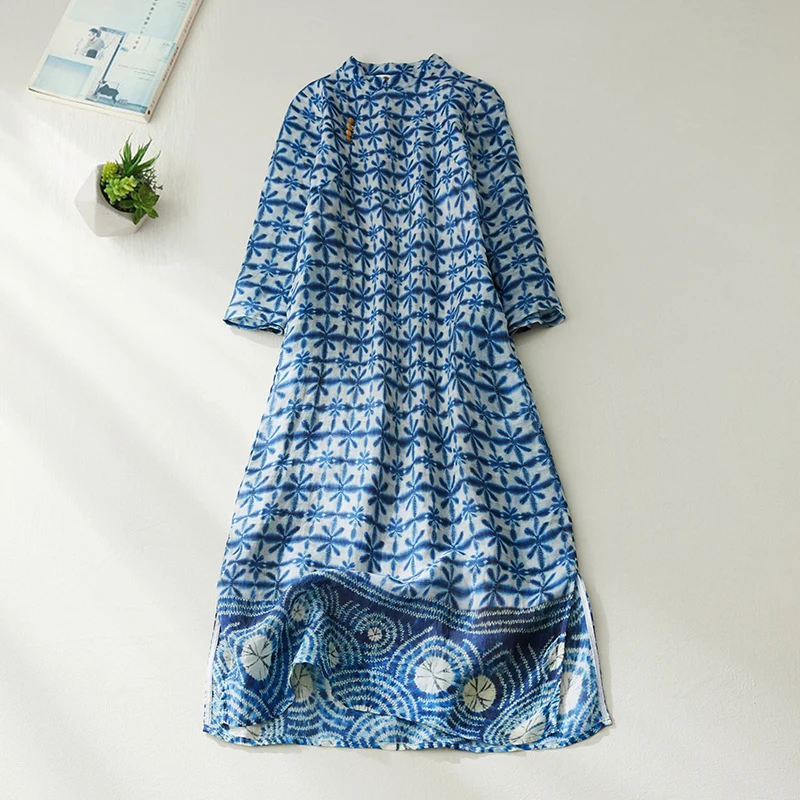 Retro Chinese Style Reformed Daily  Dress Women's Short Sleeve Flax Print Dress National Style Summer New Arrival