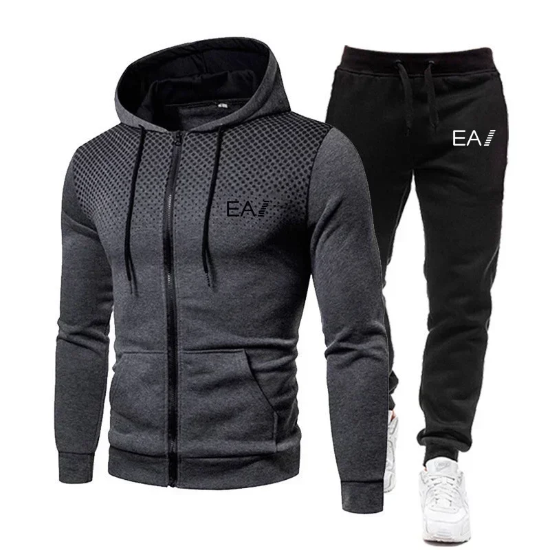 Roupas masculinas outono e inverno fitness moda lazer ao ar livre conjunto de roupas esportivas com capuz com zíper + calças de jogging conjunto de duas peças