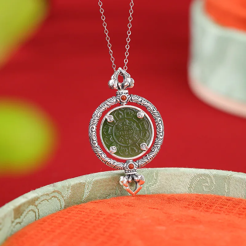 Natural Hetian S990 Silver Jade Nine Vajra Pendant with Rotatable Eight-Trigram Design