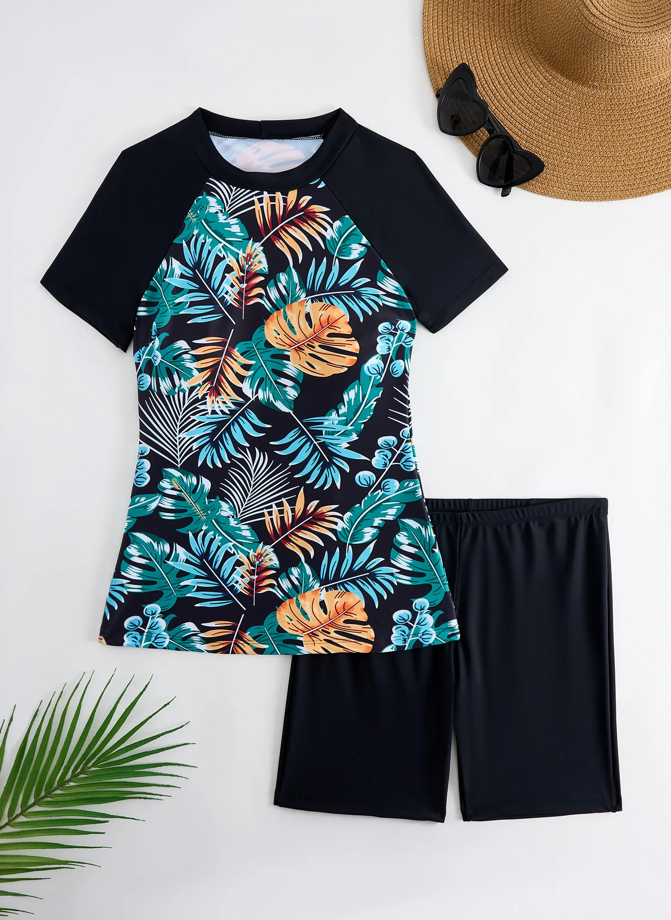 

Купальник для серфинга с короткими рукавами и листьями 2025 года, женский купальник из двух предметов, женский купальный костюм XXL