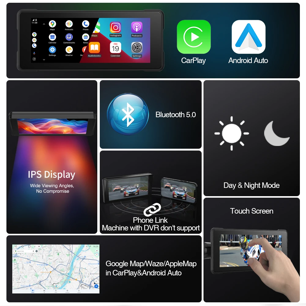 Motorcycle CarPlay  Android Auto Navigation 6.86inch Display Portable Monitor Waterproof Screen AUX Bluetooth Music SD/TF Videos