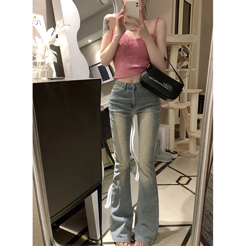 

Джинсовые джинсы-колокольчики с высокой талией в стиле ретро, женские эластичные длинные леггинсы для похудения, модные девушки в американском стиле High Street Sle