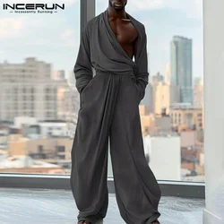 INCERUN 2024 American Style Rompers Fashion Mens Deconstruction Pleated Solid Jumpsuit Leisure City Walk Clubwear Loose Jumpsuit