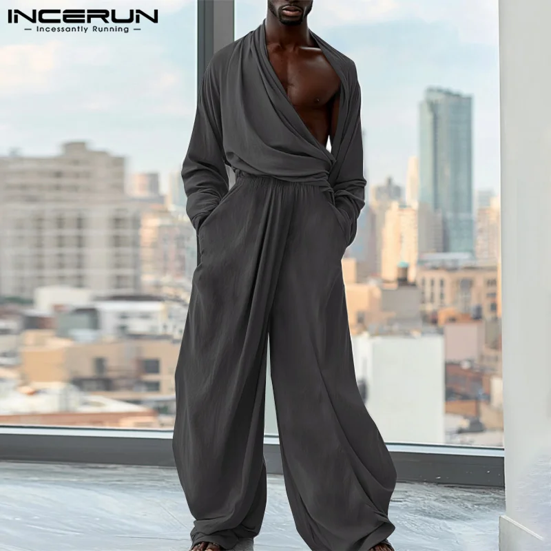 INCERUN 2024 American Style Rompers Fashion Mens Deconstruction Pleated Solid Jumpsuit Leisure City Walk Clubwear Loose Jumpsuit