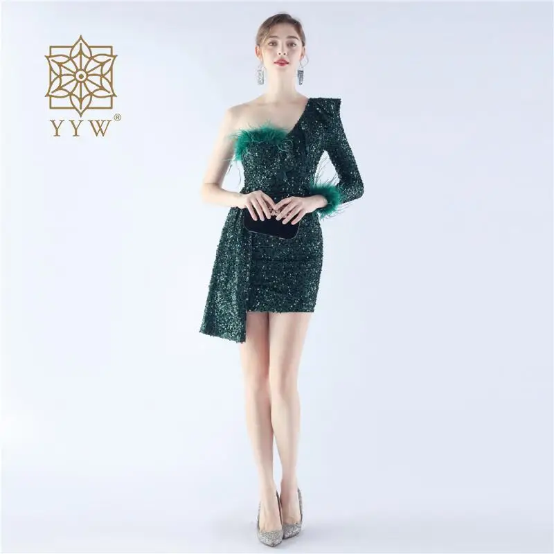 2024 New Year Women Prom Green Dress Glitter Sequins Ladies Evening Short Ball Gowns Sexy Full Sleeve Maxi Gala Formal Vestidos