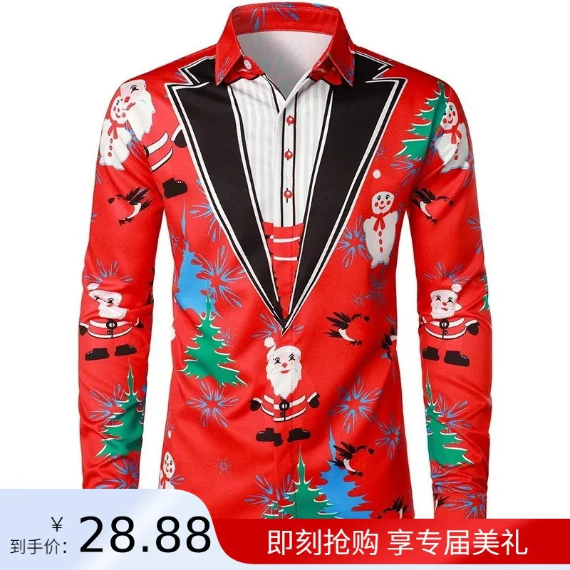 

Foreign Trade Christmas cosplay men's floral shirt casual long-sleeved lapel top 3D printed single-breasted cardigan