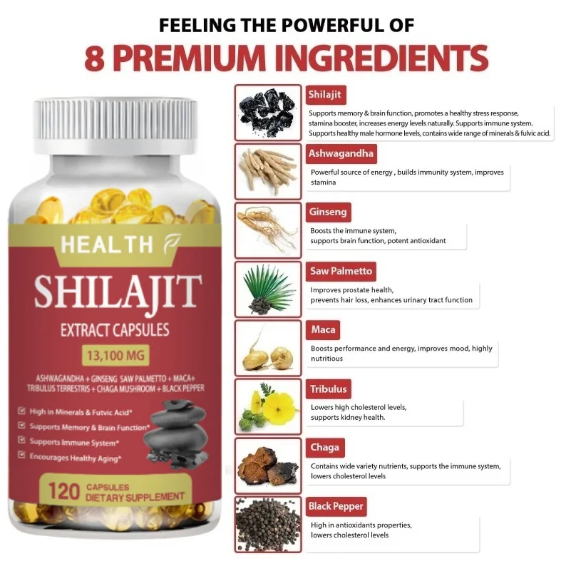 Pure Himalayan Shilajit 13100 Mg High-Efficiency Organic Capsule 120 Pills Containing Fulvic Acid And Trace Minerals