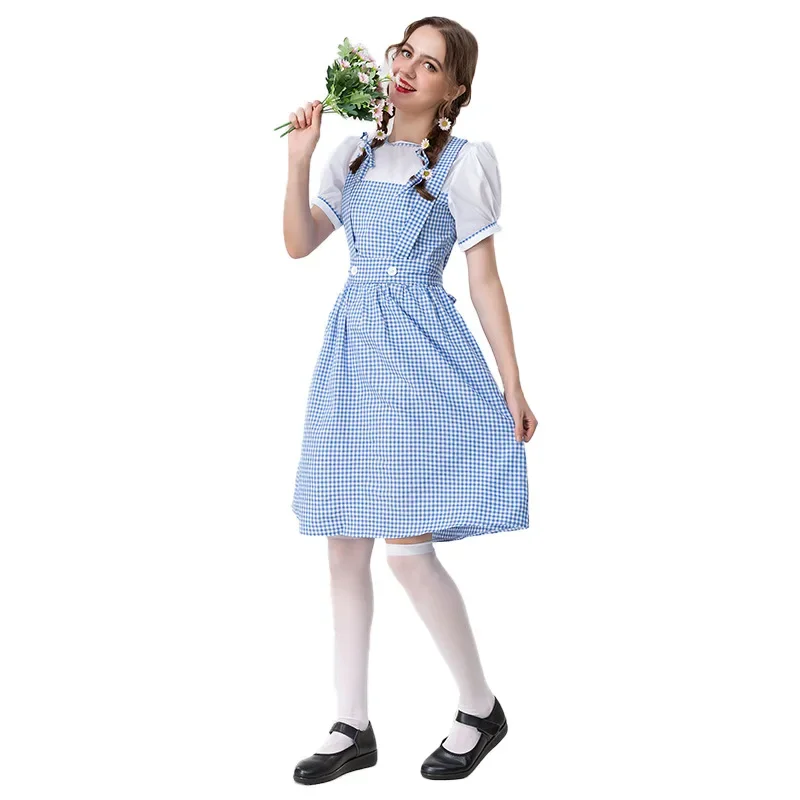 Cosplay Pastoral Style Blue Lattice Farm Dress Party Stage Performance Costume