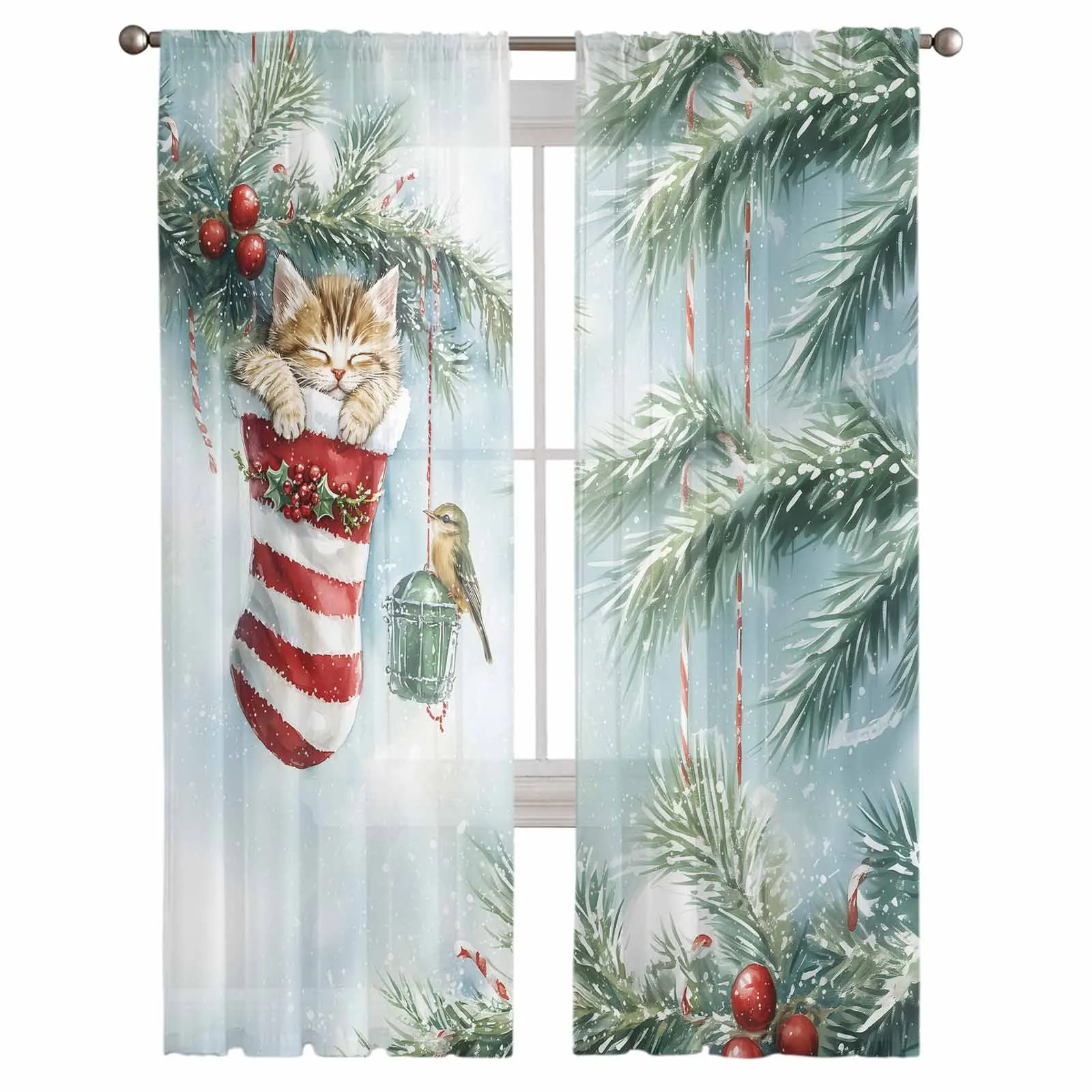 Christmas Cartoon Star Cat Christmas Socks Plants Curtains For Living Room Tulle Window Curtain Bedroom Kitchen Veil Drapes