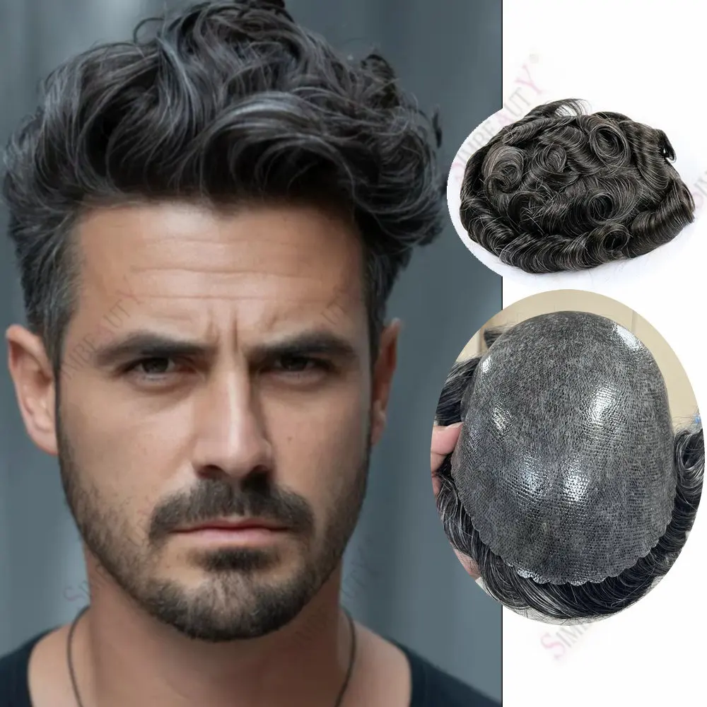 

Super Durable0.1mm Thin Skin Base Human Hair Toupee Male Hair Replacement System1B10Grey Brown Colors Scalloped Pre-cut Hairline