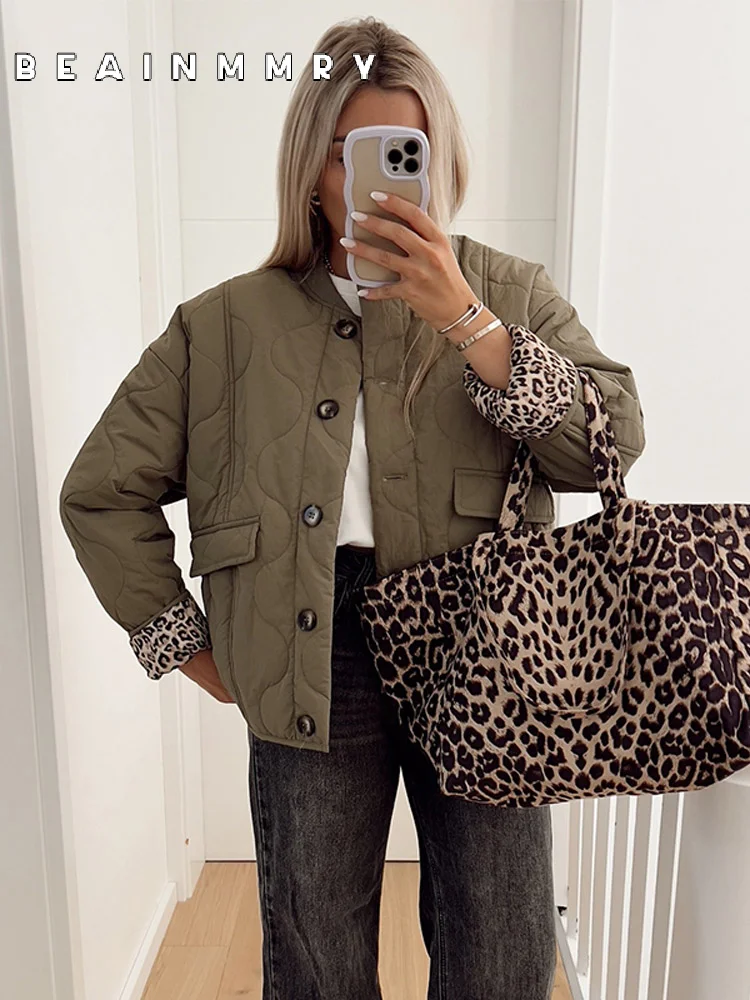 Women Fashion Single-breasted Flip Pocket Short Coats Leopard Print Lined Round Neck Cotton Jacket 2024 New lady Quilted Outwear