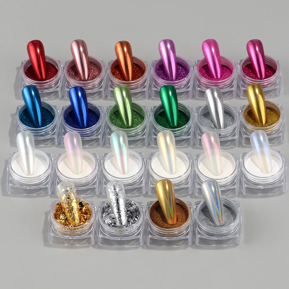 

22 шт., металлическая зеркальная хромированная пудра для ногтей, Аврора, жемчужный блестящий пигмент, золотистая, серебряная фольга, голографическая Радуга, дизайн ногтей, пыль, декор