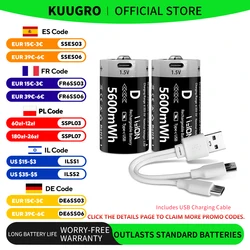 Kuugro 1.5V 5600mWh USB Rechargeable D Size Battery LR20 Lithium-ion D-Cell Battery for Gas Cooker Water Heater Flashlight Radio