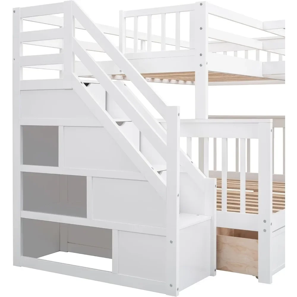 Lit double superposé en forme de L avec bureau, lit triple pour enfants, lit superposé en bois avec armoire, 3 égouts de proximité et échelles pour enfants